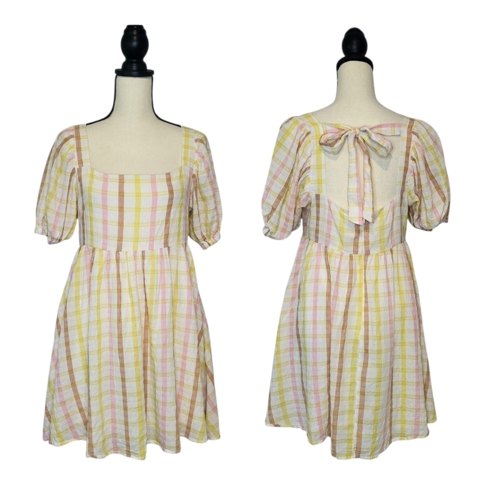 Mable Dress Babydoll White Pastel Plaid Square Neck Puff Sleeves Tie Back Size M